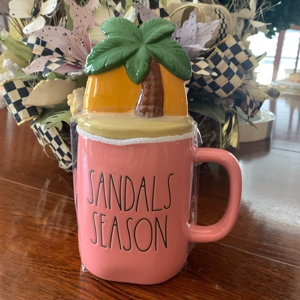RAE Dunn “Sandal Season” Pink Mug with Palm Tree Sunset Topper